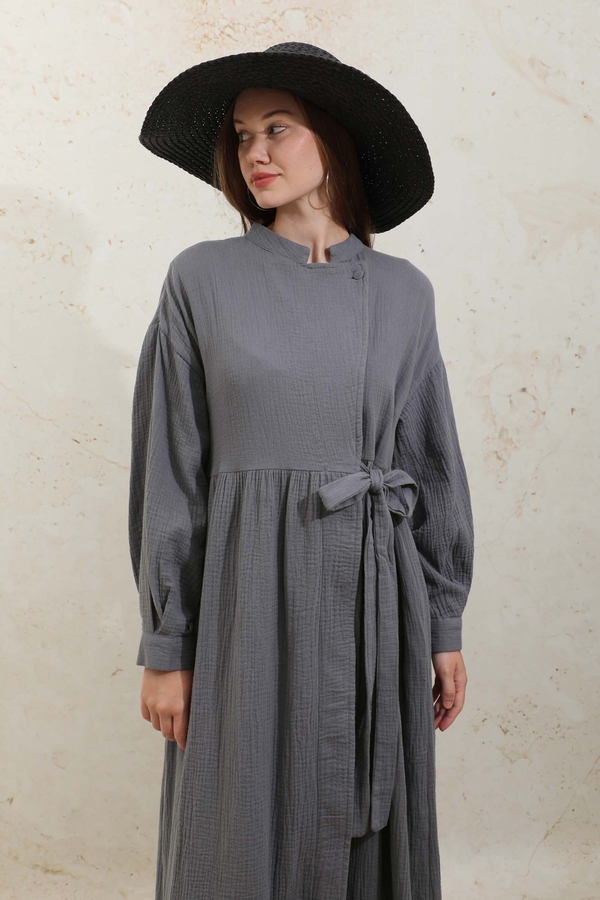 Kruvaze Bağlamalı Müslin Elbise Koyu Gri - 13