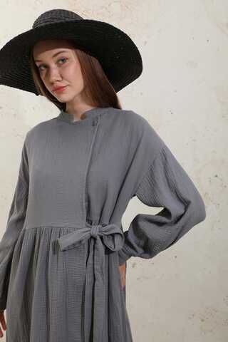 Kruvaze Bağlamalı Müslin Elbise Koyu Gri - 14