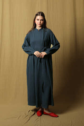 Kruvaze Bağlamalı Müslin Elbise Lacivert - 1