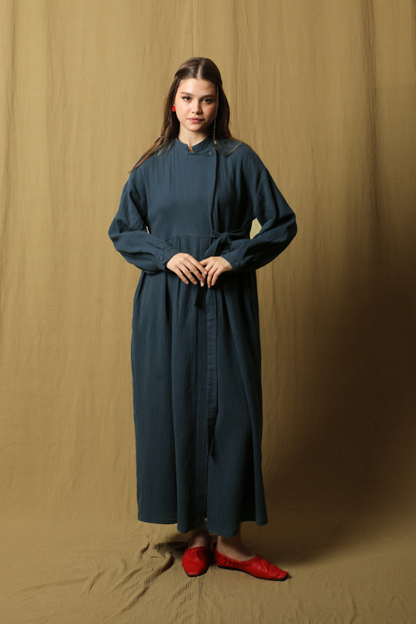 Kruvaze Bağlamalı Müslin Elbise Lacivert - 1