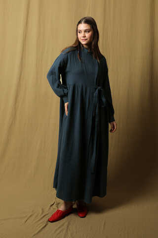 Kruvaze Bağlamalı Müslin Elbise Lacivert - 2