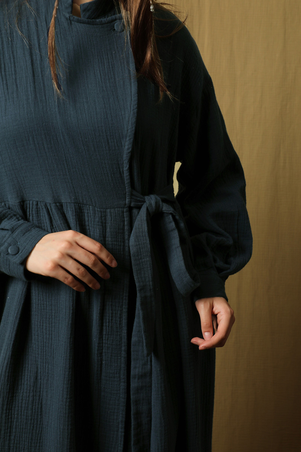 Kruvaze Bağlamalı Müslin Elbise Lacivert - 3