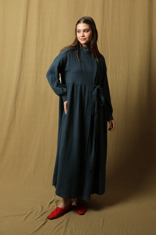 Kruvaze Bağlamalı Müslin Elbise Lacivert - 2