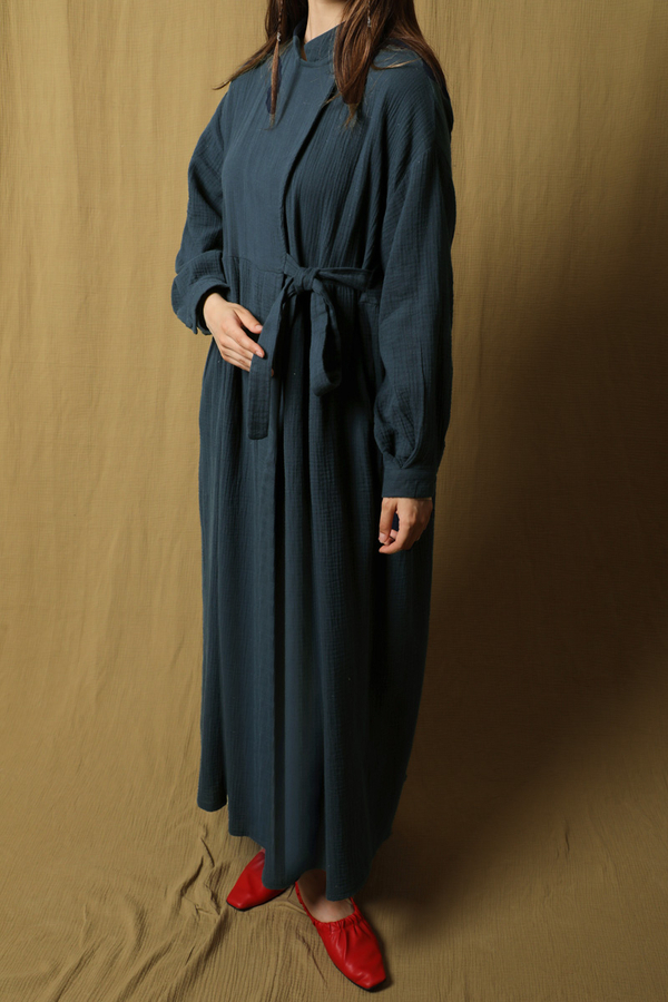 Kruvaze Bağlamalı Müslin Elbise Lacivert - 5
