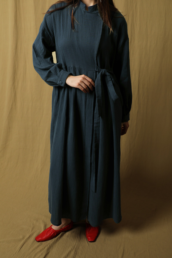 Kruvaze Bağlamalı Müslin Elbise Lacivert - 4