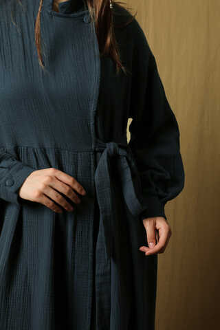 Kruvaze Bağlamalı Müslin Elbise Lacivert - 3