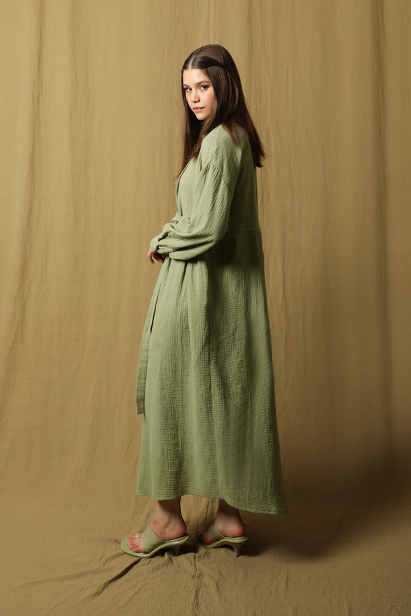 Kruvaze Bağlamalı Müslin Elbise Mint - 4