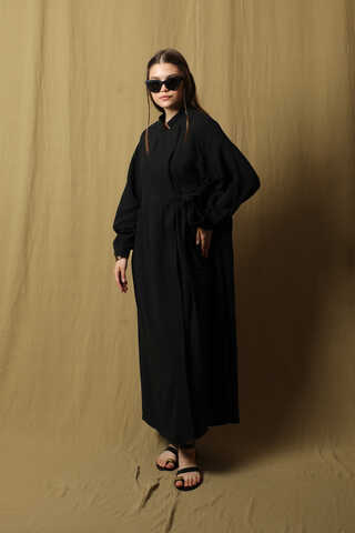 Kruvaze Bağlamalı Müslin Elbise Siyah - 3