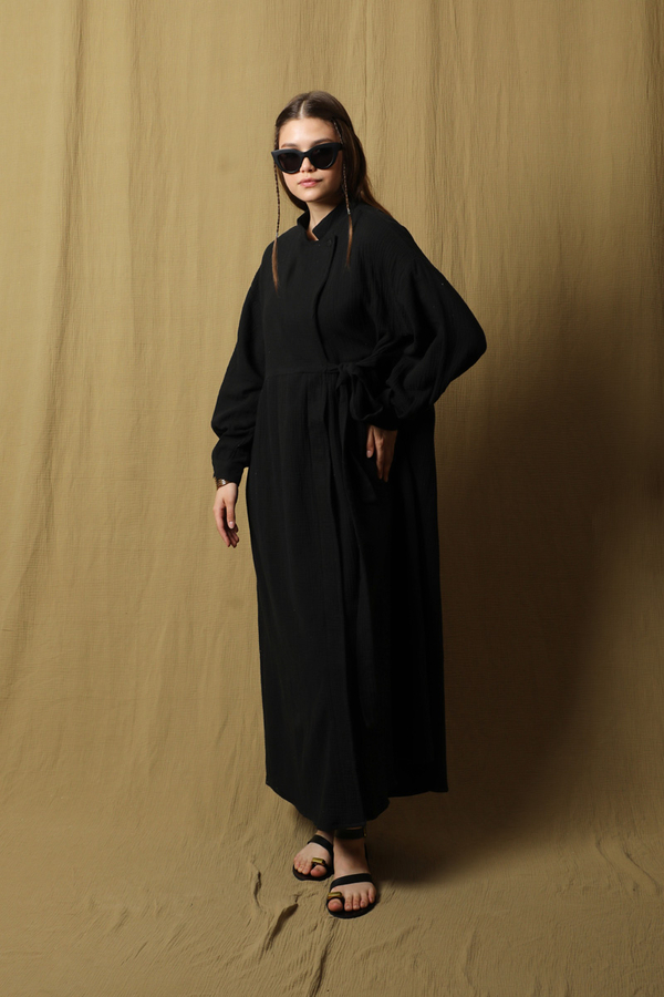 Kruvaze Bağlamalı Müslin Elbise Siyah - 3