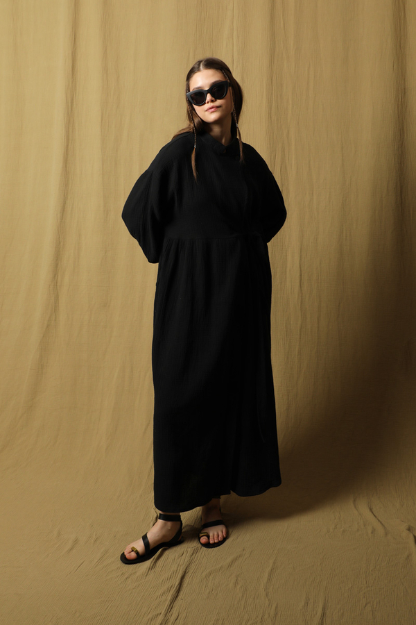 Kruvaze Bağlamalı Müslin Elbise Siyah - 2