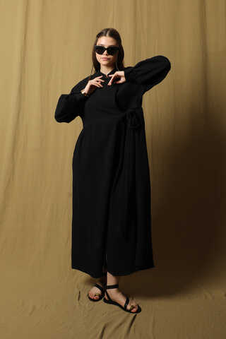 Kruvaze Bağlamalı Müslin Elbise Siyah - 4