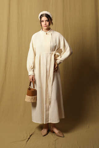 Kruvaze Bağlamalı Müslin Elbise Taş - 2