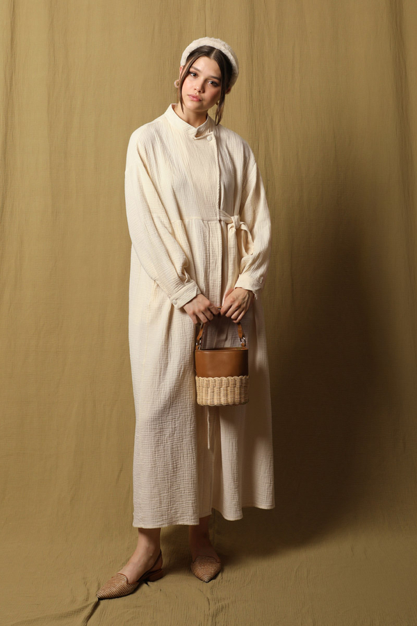 Kruvaze Bağlamalı Müslin Elbise Taş - 3