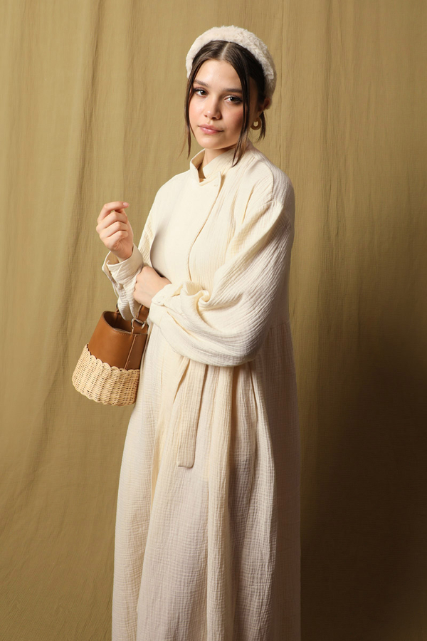 Kruvaze Bağlamalı Müslin Elbise Taş - 4