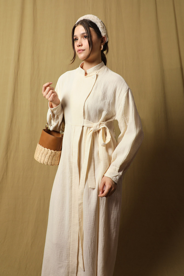 Kruvaze Bağlamalı Müslin Elbise Taş - 5