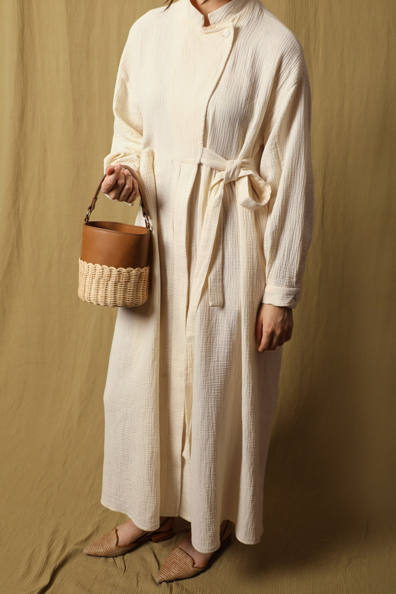 Kruvaze Bağlamalı Müslin Elbise Taş