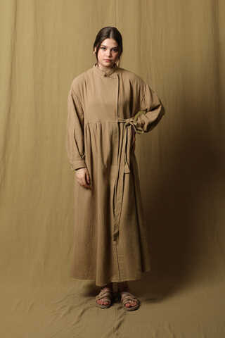 Kruvaze Bağlamalı Müslin Elbise Vizon - 1