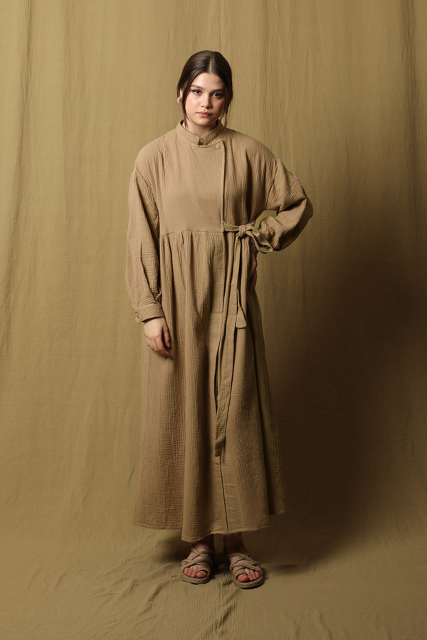 Kruvaze Bağlamalı Müslin Elbise Vizon - 1