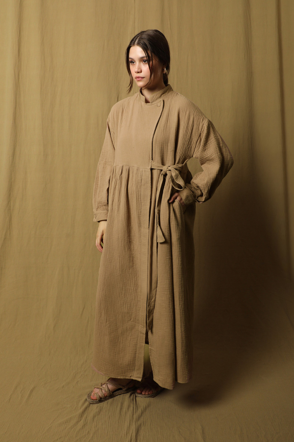 Kruvaze Bağlamalı Müslin Elbise Vizon - 3