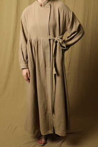 Kruvaze Bağlamalı Müslin Elbise Vizon - 5