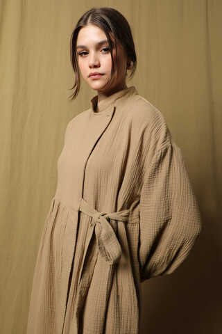 Kruvaze Bağlamalı Müslin Elbise Vizon - 2