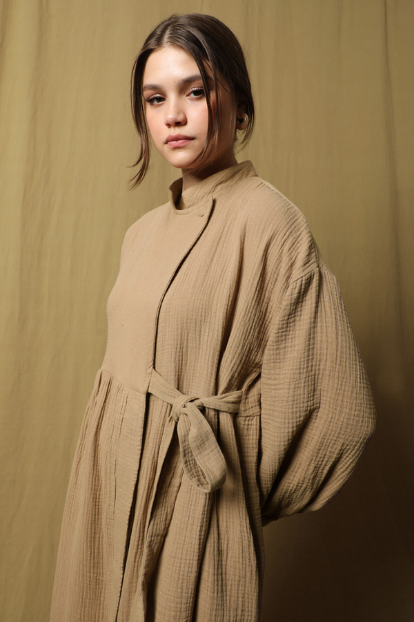 Kruvaze Bağlamalı Müslin Elbise Vizon - 2