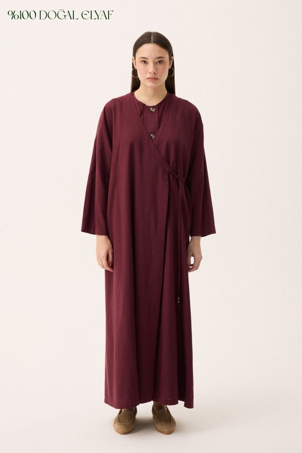 Kruvaze Dehna Abaya Takım Bordo - 1