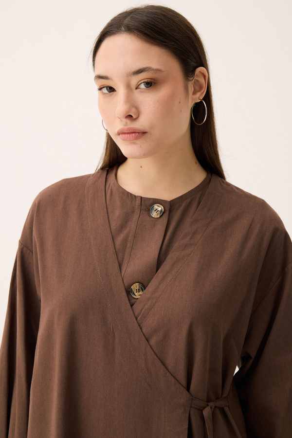 Kruvaze Dehna Abaya Takım Kahverengi - 8