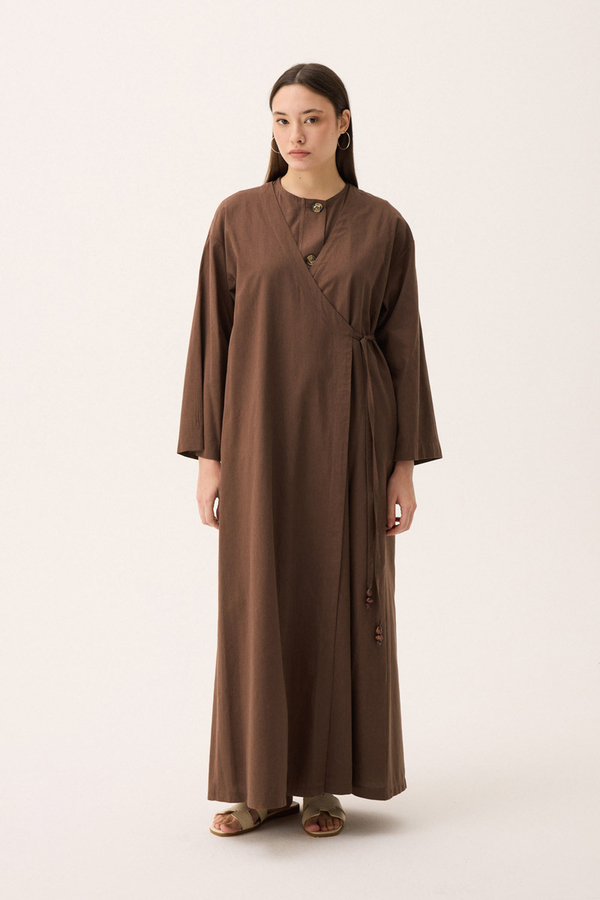 Kruvaze Dehna Abaya Takım Kahverengi - 4