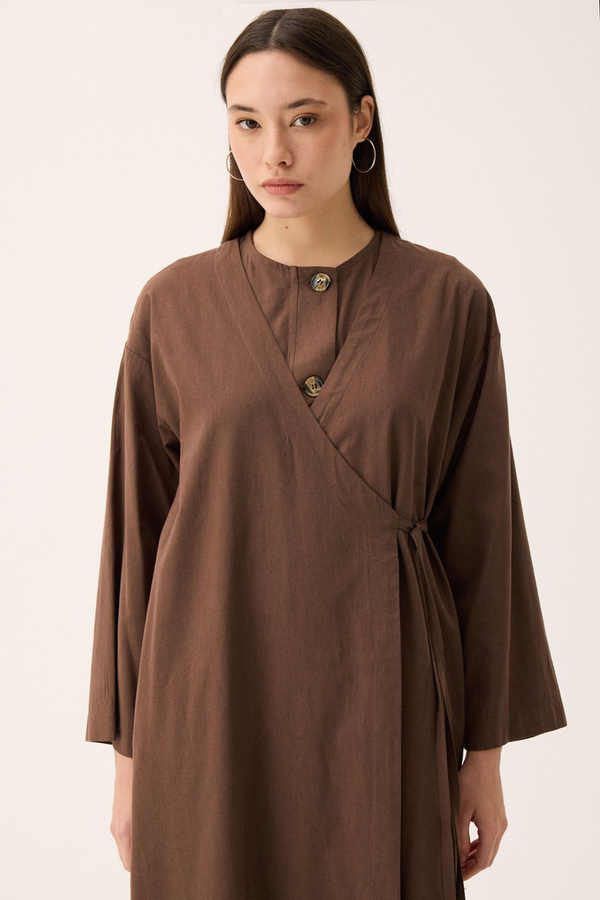 Kruvaze Dehna Abaya Takım Kahverengi - 7