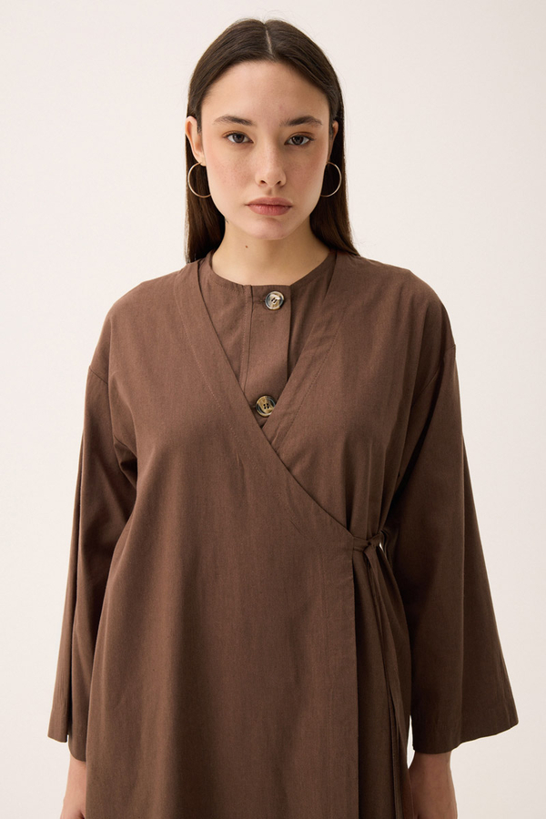 Kruvaze Dehna Abaya Takım Kahverengi - 9