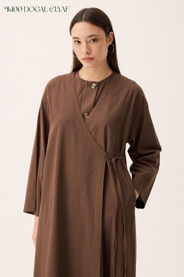 Kruvaze Dehna Abaya Takım Kahverengi - 1