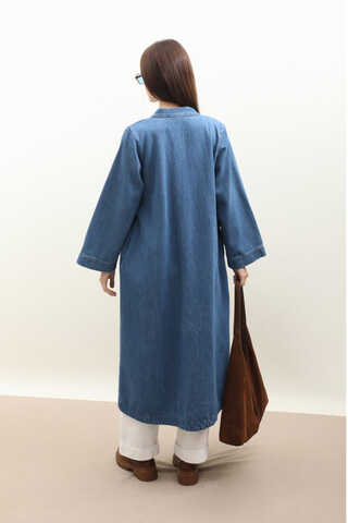 Kruvaze Denim Trençkot Açık Mavi - 6