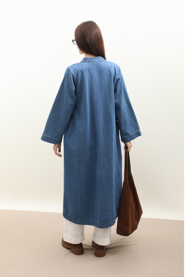 Kruvaze Denim Trençkot Açık Mavi - 6