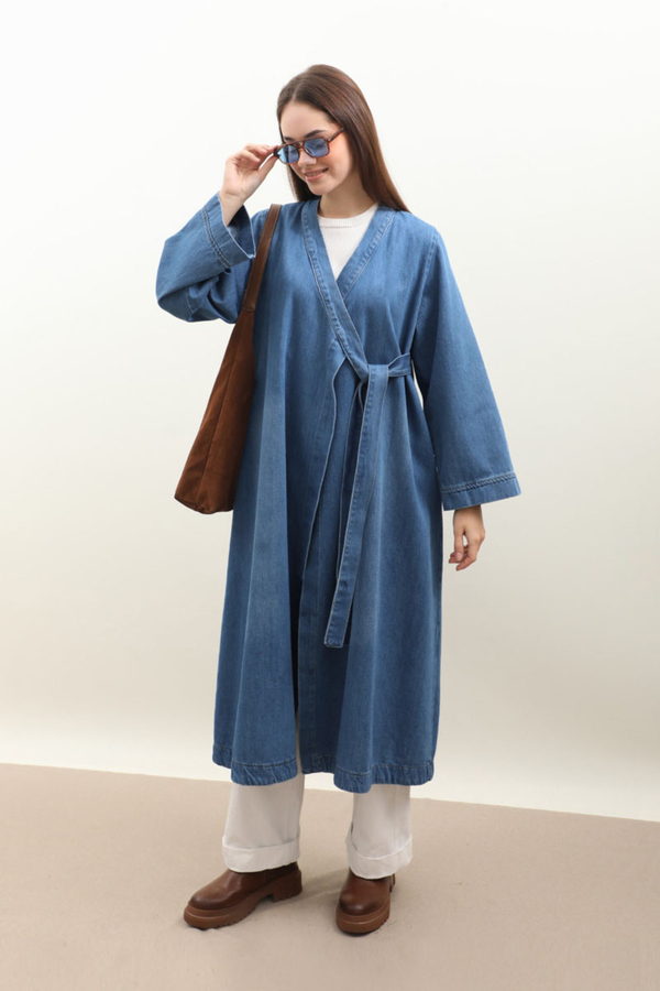 Kruvaze Denim Trençkot Açık Mavi - 2