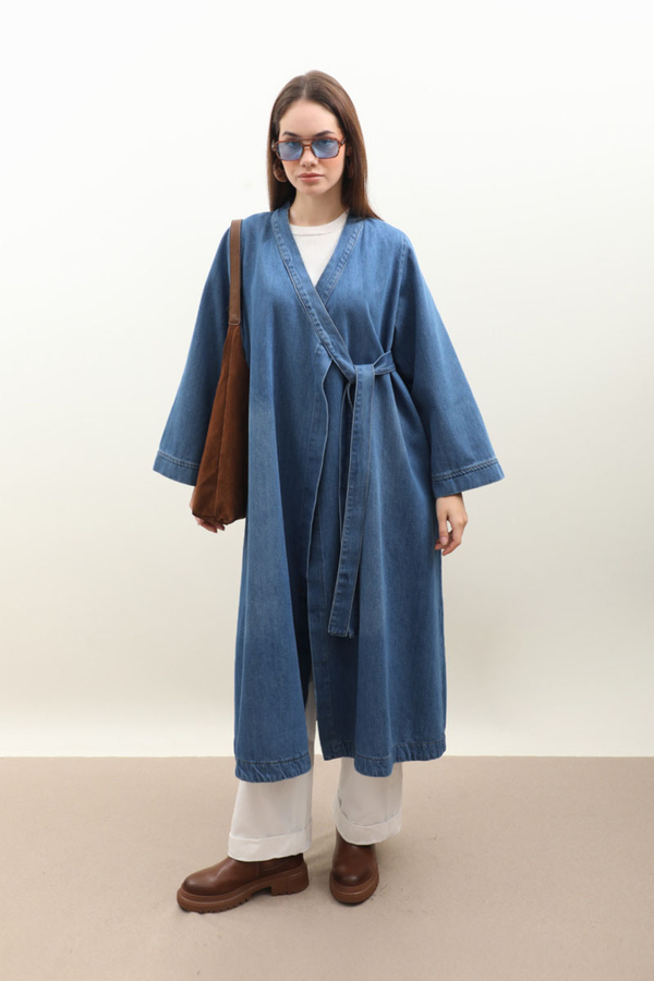 Kruvaze Denim Trençkot Açık Mavi - 3