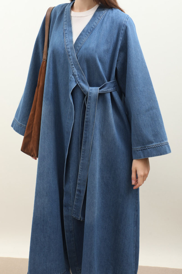 Kruvaze Denim Trençkot Açık Mavi - 4