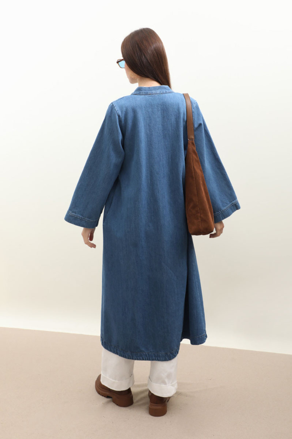 Kruvaze Denim Trençkot Açık Mavi - 7