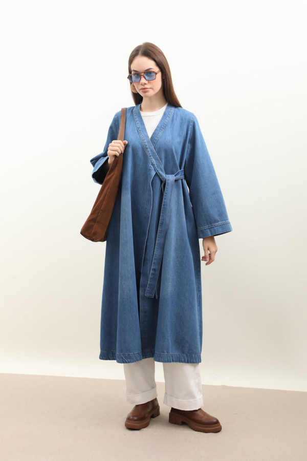 Kruvaze Denim Trençkot Açık Mavi - 1