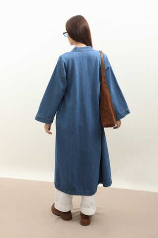 Kruvaze Denim Trençkot Açık Mavi - 7