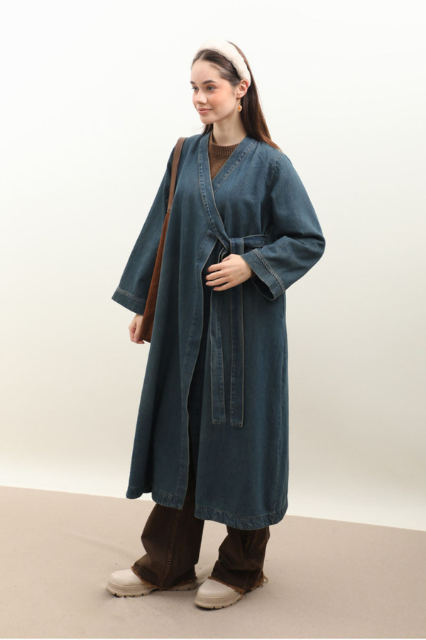 Kruvaze Denim Trençkot Koyu Mavi - 3