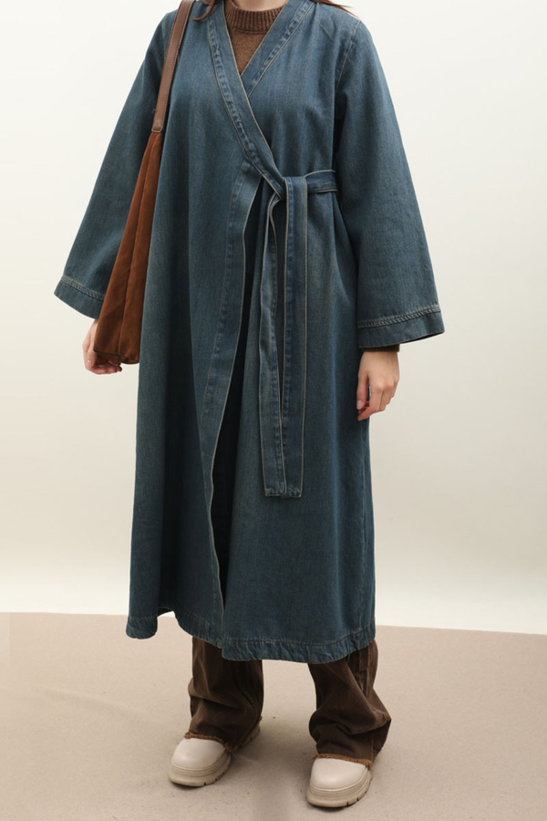 Kruvaze Denim Trençkot Koyu Mavi - 5