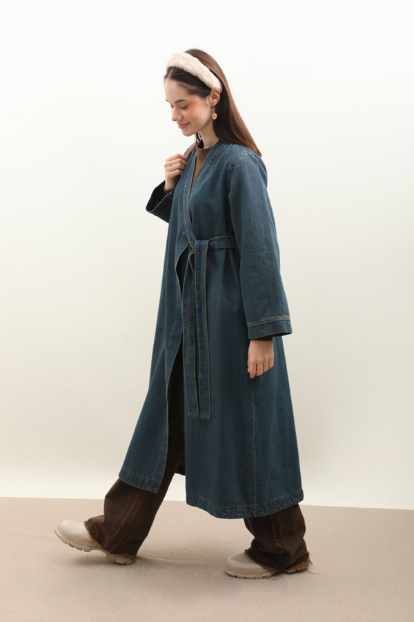Kruvaze Denim Trençkot Koyu Mavi - 6