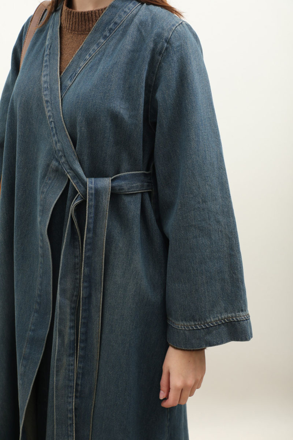 Kruvaze Denim Trençkot Koyu Mavi - 7