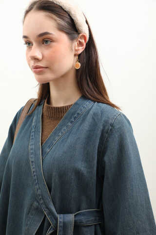 Kruvaze Denim Trençkot Koyu Mavi - 8