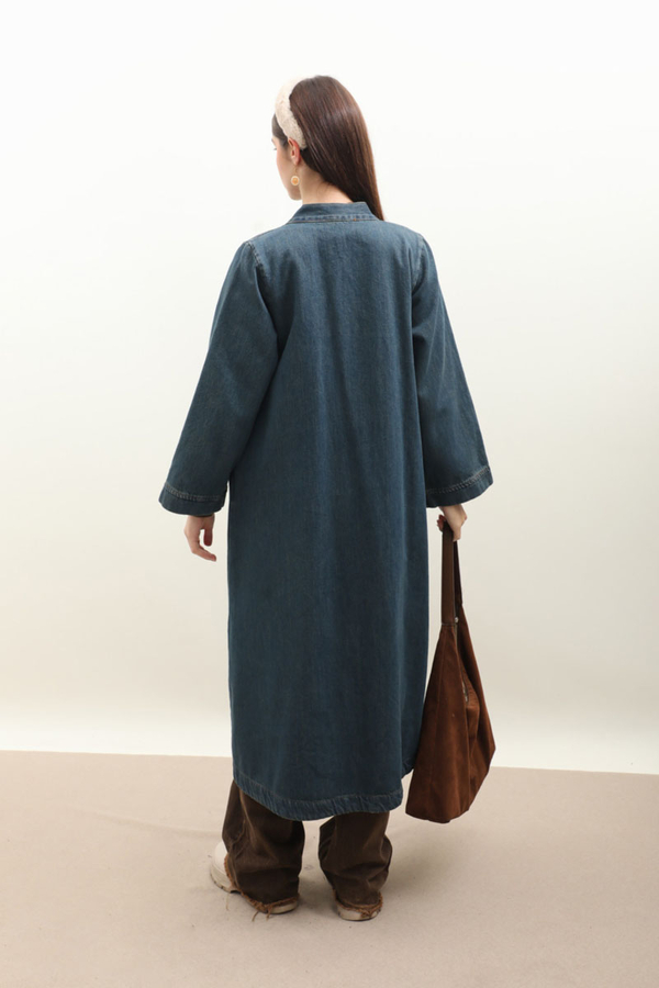 Kruvaze Denim Trençkot Koyu Mavi - 9