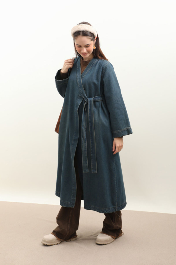 Kruvaze Denim Trençkot Koyu Mavi - 4
