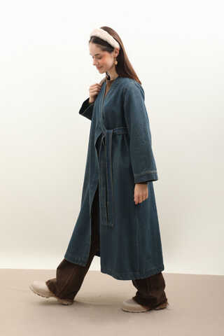 Kruvaze Denim Trençkot Koyu Mavi - 6