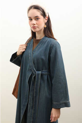 Kruvaze Denim Trençkot Koyu Mavi - 1