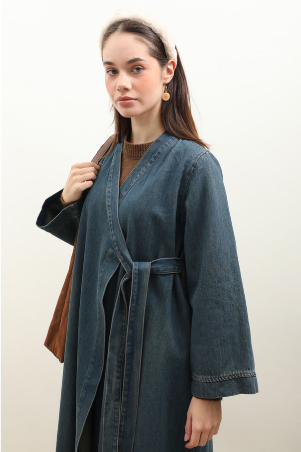 Kruvaze Denim Trençkot Koyu Mavi - 1